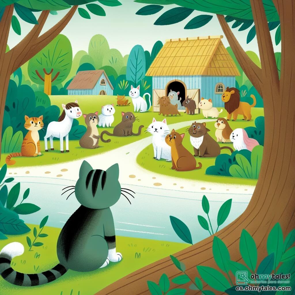 Une illustration destinée aux enfants représentant un chat curieux se tenant sur ses pattes arrière, observant un groupe d'animaux parlant entre eux, dans un paisible village entouré de luxuriants bosquets verdoyants.