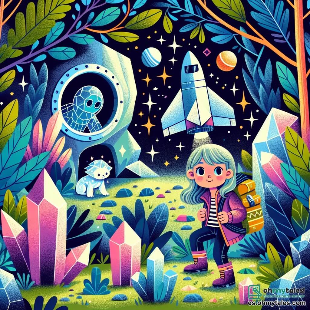 Une illustration destinée aux enfants représentant une fille curieuse et courageuse découvrant une mystérieuse navette spatiale camouflée dans un bosquet, accompagnée par un petit être de cristal brillant, sur un planète recouverte de cristaux multicolores étincelants.