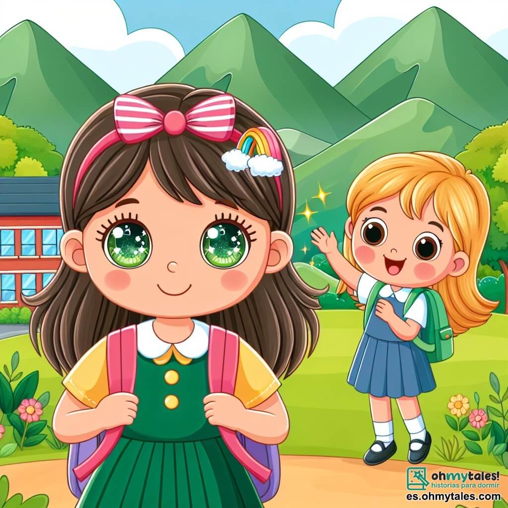 Une illustration destinée aux enfants représentant une petite fille aux yeux pétillants, vivant son premier jour d'école avec son meilleur ami, dans une école colorée entourée de montagnes verdoyantes.