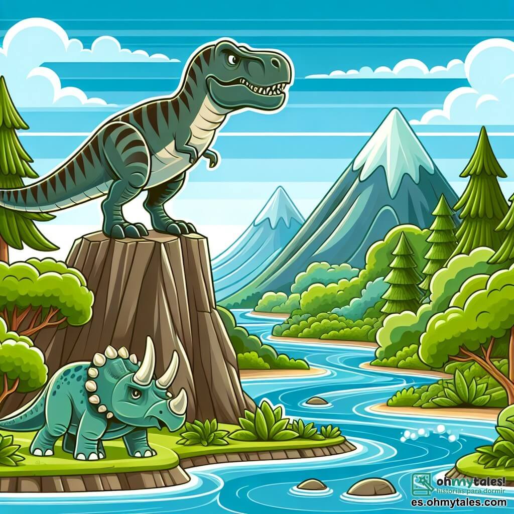 Une illustration destinée aux enfants représentant un puissant Tyrannosaure Rex, se tenant fièrement au sommet d'une montagne, accompagné d'un petit Triceratops, dans un vaste et luxuriant Vallée des Dinosaures où les rivières coulent cristallines et les arbres verdoyants s'élèvent vers le ciel azur.