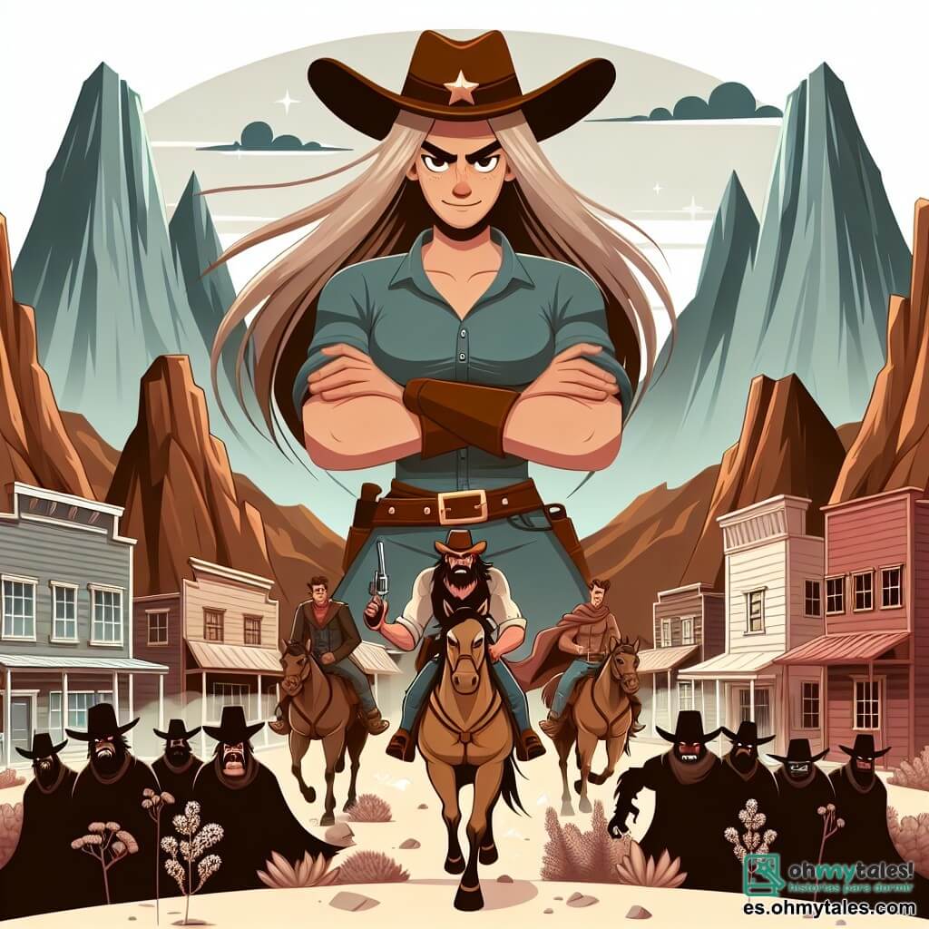 Une illustration destinée aux enfants représentant une cowgirl courageuse, une bande de hors-la-loi menaçants, et un petit village poussiéreux entouré de montagnes imposantes dans le lointain Far West.