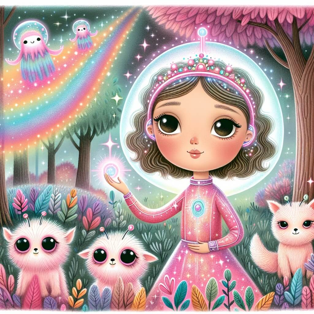 Une illustration destinée aux enfants représentant une jeune femme rêveuse, vêtue d'une combinaison spatiale rose scintillante, tenant un amulette lumineux autour de son cou, accompagnée de petits extraterrestres pelucheux à grandes oreilles pointues, dans un bosquet enchanté aux arbres multicolores et à l'air vibrant d'énergie cosmique.