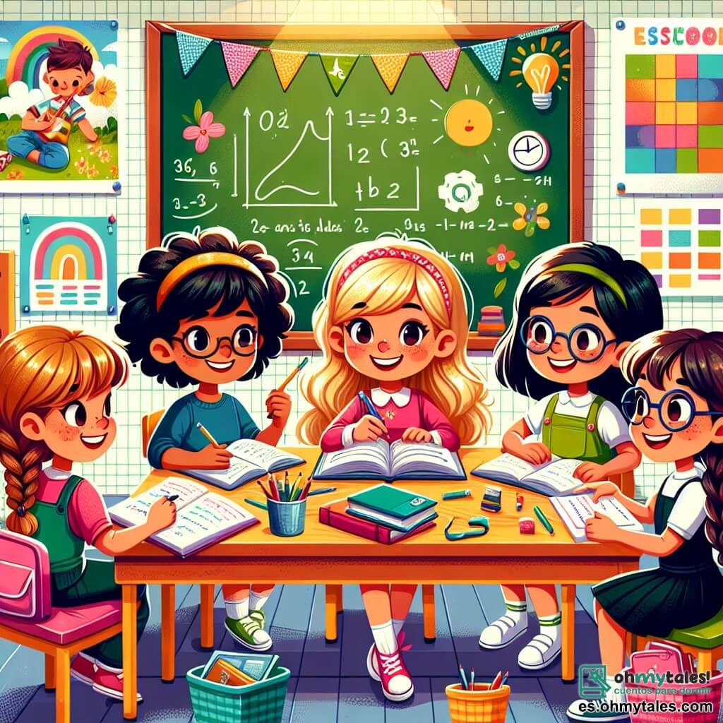 Ilustración que representa un aula luminosa y acogedora, con paredes pintadas de colores vivos, carteles educativos y ventanas que dejan entrar la luz del sol. En el centro, un grupo de cuatro chicas de aproximadamente 12 años, sonrientes y entusiastas, se encuentra alrededor de una mesa de madera. Una de ellas, con cabello castaño y gafas, toma notas en un cuaderno colorido. Otra, con cabello rubio y rizado, muestra un gráfico en su computadora portátil. La tercera, con cabello negro y una trenza, sonríe sosteniendo un libro abierto, mientras que la última, con cabello pelirrojo y pecas, levanta la mano para hacer una pregunta. La escena principal muestra a estas amigas colaborando alegremente en su proyecto de clase, rodeadas de útiles escolares como lápices, hojas de papel y libros. Al fondo, se puede ver una pizarra con ecuaciones matemáticas y dibujos coloridos, así como un rincón de lectura con cojines cómodos. La atmósfera es dinámica y llena de energía, simbolizando el inicio de un nuevo año escolar lleno de descubrimientos y amistad.