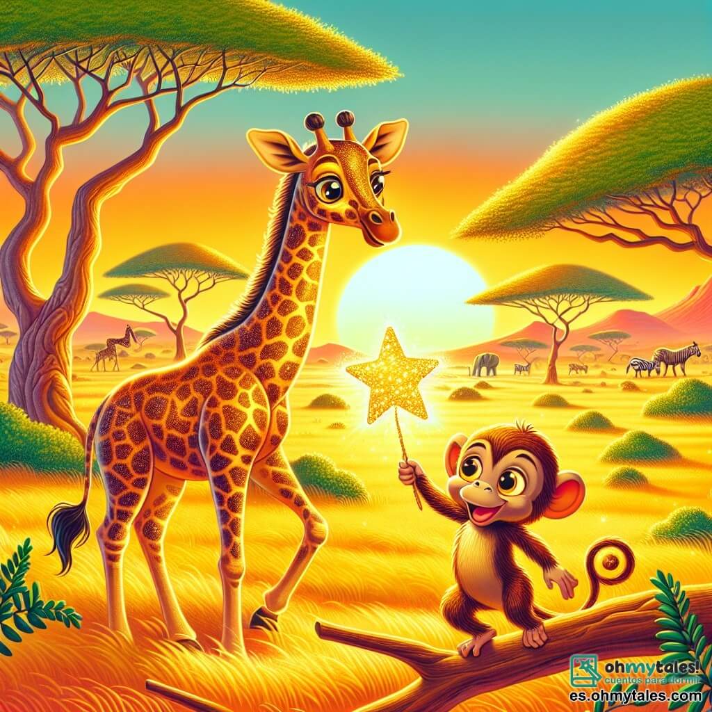 Ilustración que representa un paisaje vibrante de la sabana africana, bañado por la luz dorada del sol poniente. En primer plano, una majestuosa jirafa de largo cuello y manchas marrones y doradas se erige con orgullo, mirando con curiosidad una estrella dorada brillante colgada de su cuello. A su lado, un pequeño mono travieso, con ojos chispeantes y pelaje marrón, se aferra a una rama, sonriendo con entusiasmo. Al fondo, los acacias de hojas verdes bailan suavemente al viento, mientras que animales de la sabana, como cebras y elefantes, se dibujan en el horizonte. La jirafa parece lista para la aventura, decidida a devolver la preciada estrella a la montaña mágica, mientras que el mono, lleno de energía, la anima con gestos alegres. La atmósfera está llena de magia y amistad, capturando el espíritu de una búsqueda llena de promesas y descubrimientos.