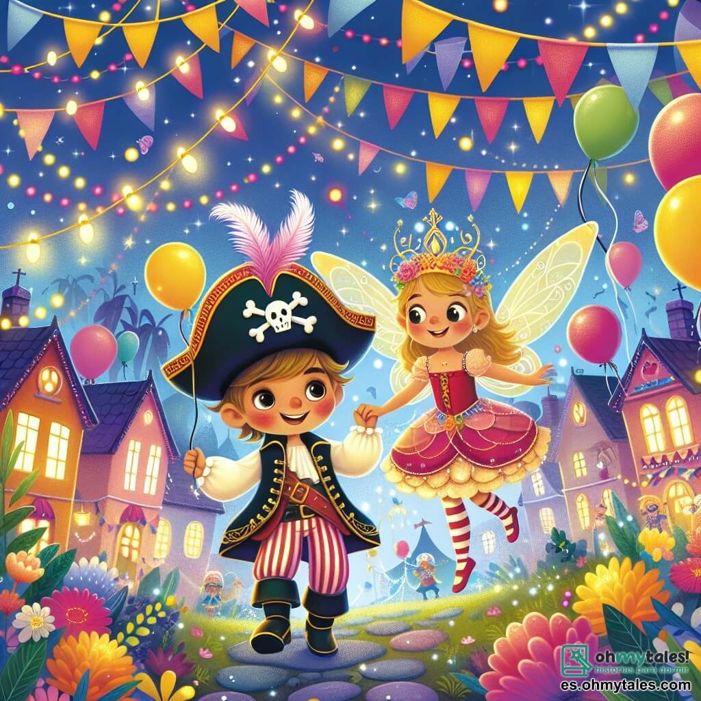 Une illustration destinée aux enfants représentant un jeune garçon déguisé en pirate vivant une aventure magique avec un Hada du Carnaval dans un village coloré rempli de ballons, serpentines et lumières scintillantes lors du Carnaval.