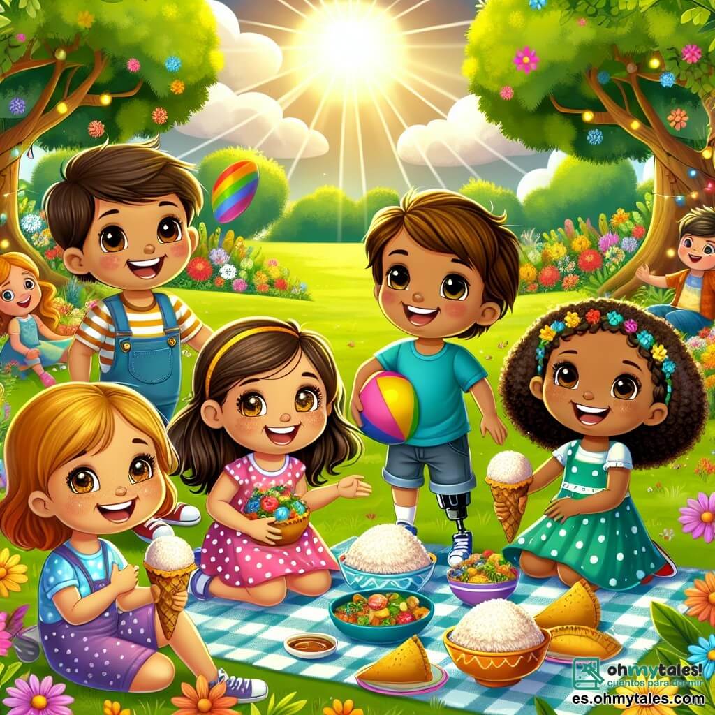 Ilustración que representa un jardín mágico lleno de flores coloridas y árboles majestuosos, con rayos de sol filtrándose a través de las hojas. En el centro, un grupo de niños alegres está reunido en un césped verde. Hay una niña de unos 8 años, con cabello castaño y ojos brillantes, que lleva un vestido rosa con lunares. Ella sonríe sosteniendo un plato de arroz con pollo. A su lado, otra niña, también de 8 años, tiene el cabello rizado y piel caramelo, vestida con un vestido amarillo, que sostiene un plato de empanadas. Un niño de 9 años, con cabello corto y piel clara, lleva una camiseta azul y un pantalón corto. Está mostrando un frisbee a sus amigos. Finalmente, un niño de 10 años, con cabello castaño y una pierna ortopédica, sonríe ampliamente mientras sostiene un cucurucho de helado colorido. La escena captura el espíritu de la amistad y la diversidad, con platos tradicionales de diferentes culturas dispuestos sobre un mantel a cuadros. Flores multicolores y globos flotan alrededor, creando una atmósfera festiva y alegre.
