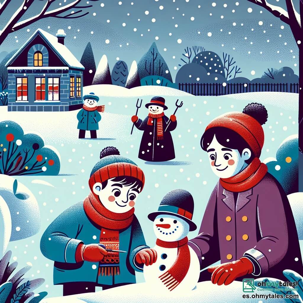 Une illustration sous forme de dessin destinée aux enfants représentant un jardin enneigé, avec un petit garçon de 5 ans aux cheveux bruns et aux joues roses, vêtu d'un manteau bleu, d'un bonnet rouge et de gants, en train de construire un bonhomme de neige avec une écharpe rouge, tandis qu'une mère souriante aux cheveux châtains, portant un manteau violet, l'observe avec fierté, le ciel grisâtre laissant présager plus de neige à venir, et des flocons tombant doucement autour d'eux.