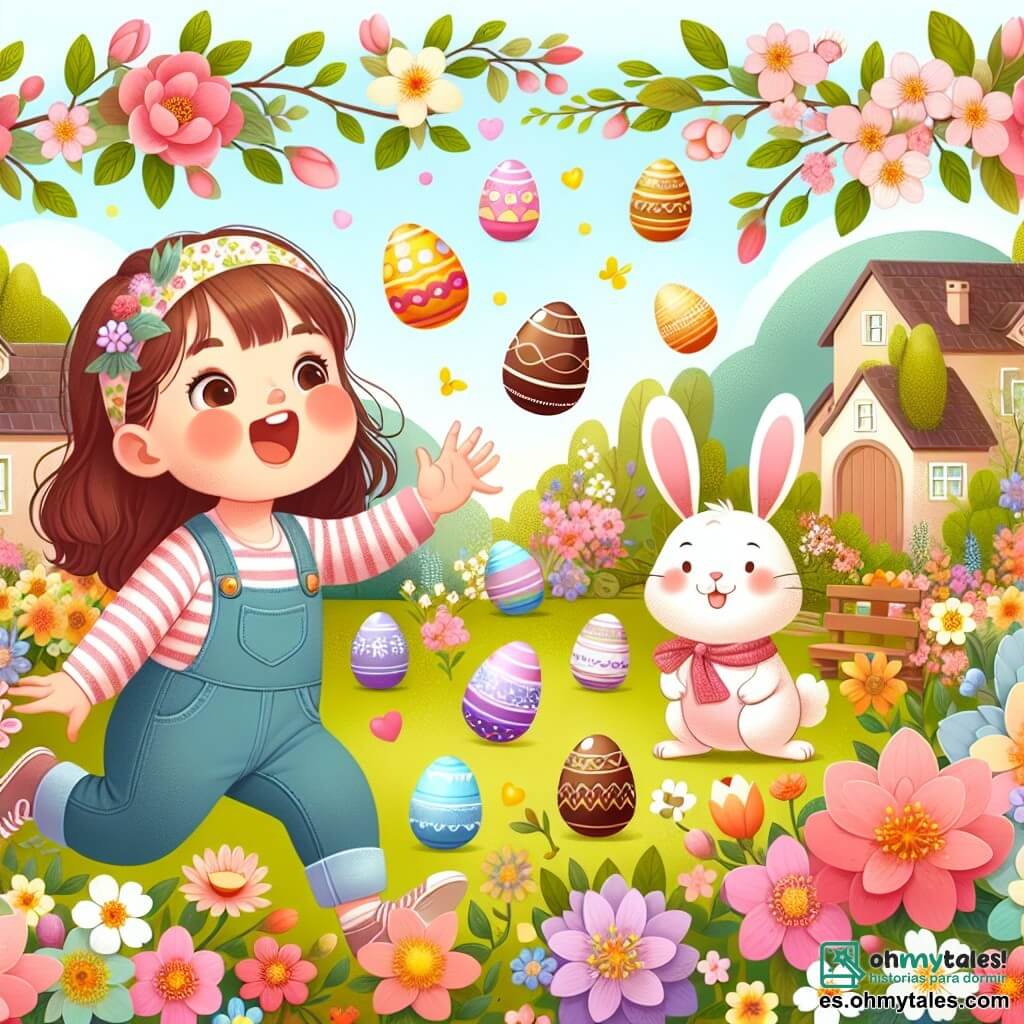 Une illustration destinée aux enfants représentant une petite fille enthousiaste découvrant des œufs de chocolat colorés dans un jardin fleuri, accompagnée d'un adorable Conejito de Pascua, dans un petit village entouré de fleurs et de conejitos.