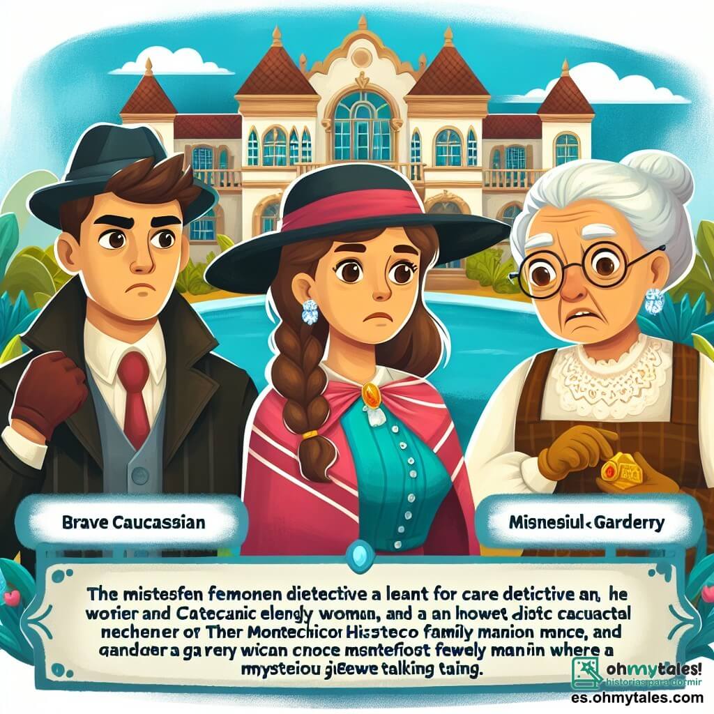 Une illustration destinée aux enfants représentant une détective courageuse, une abuela inquiète, un jardinier honnête et une somptueuse mansión de la familia Montecristo, où se déroule un mystérieux vol de bijou.