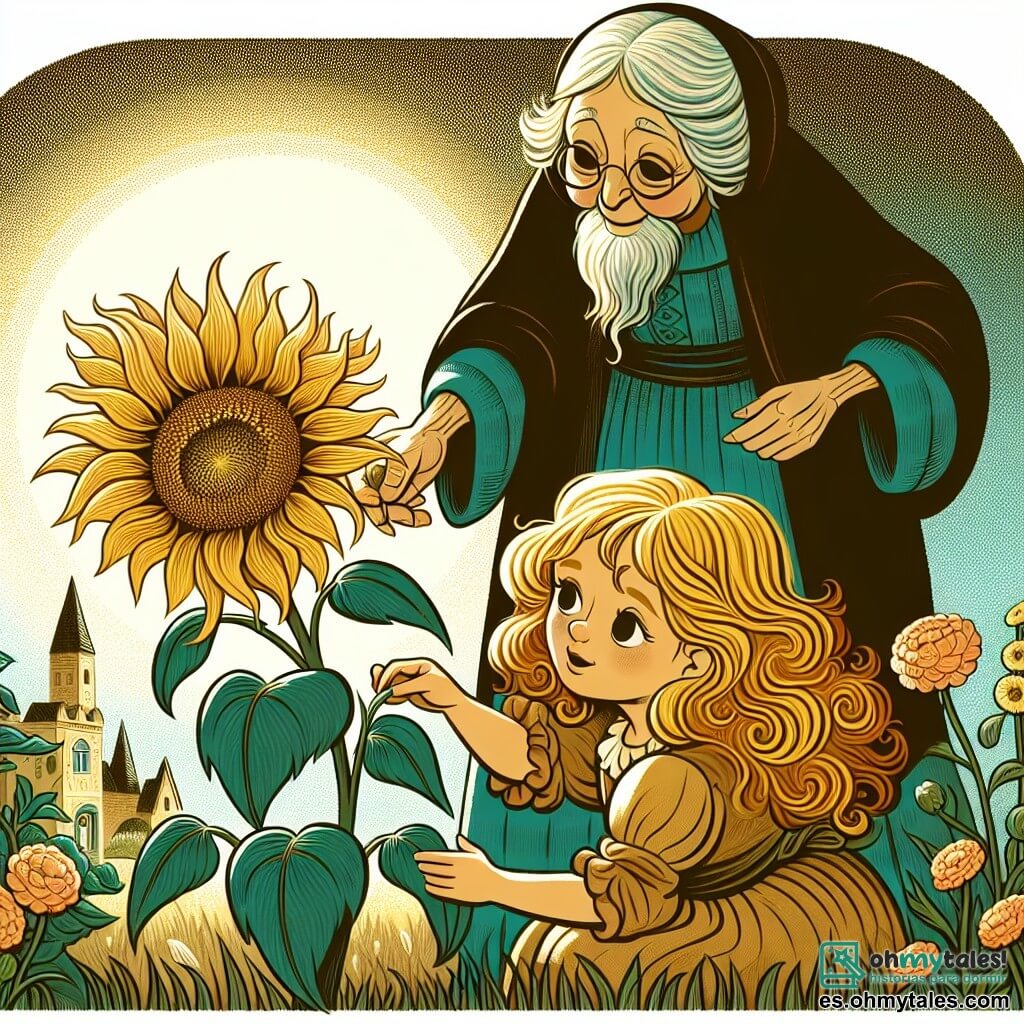 Une illustration destinée aux enfants représentant une fillette aux boucles dorées découvrant un girasol marchito avec l'aide bienveillante de sa grand-mère sage, dans un champ ensoleillé de Villa Primavera, où la vie et la mort dansent ensemble.