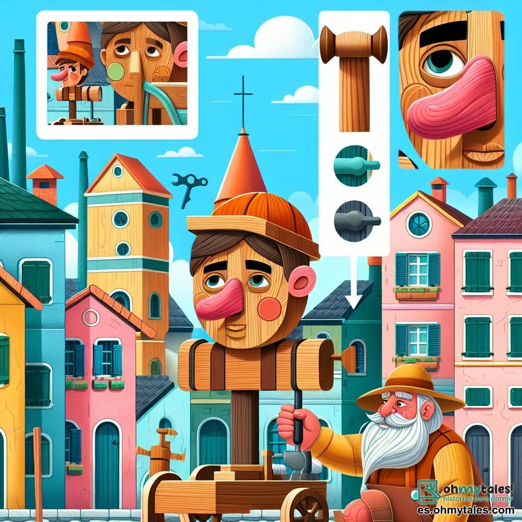 Une illustration destinée aux enfants représentant un enfant de bois au nez qui s'allonge, confronté à des épreuves avec l'aide d'un vieux menuisier dans un charmant village italien aux maisons colorées et aux ruelles pavées.