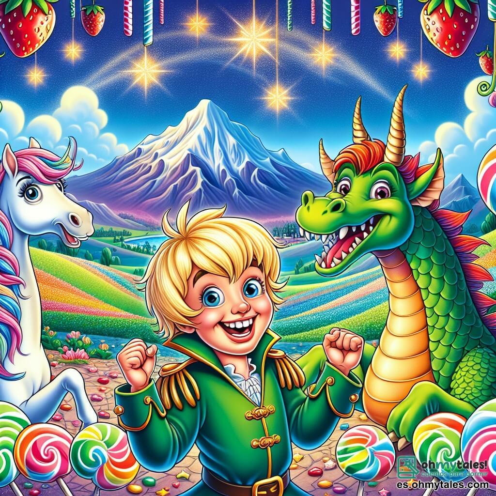 Une illustration sous forme de dessin destinée aux enfants représentant un magnifique paysage de la Montagne de Castañuela, avec des arbres en bonbons colorés et un ciel bleu éclatant, où un prince aux cheveux blonds en désordre, avec un sourire espiègle, danse joyeusement en faisant des mouvements comiques, tandis qu'un dragon vert aux écailles brillantes et à la grande panse rit aux éclats à ses côtés, et un cheval étoilé, aux yeux ronds et curieux, observe la scène avec amusement, le tout entouré de fresas magiques flottant dans l'air, illustrant l'amitié et la joie d'une fête enchantée.