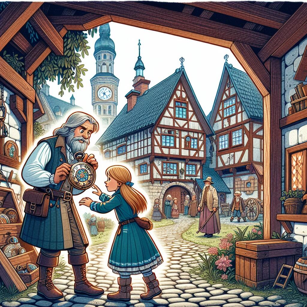 Une illustration destinée aux enfants représentant une jeune fille intrépide découvrant un ancien reloj de poche magique dans le grenier de sa maison, l'amenant à voyager dans le temps avec l'aide d'un sage dans un village pittoresque aux rues pavées et maisons en bois, où les habitants portent des vêtements d'époque.