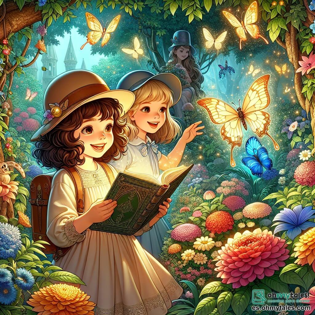 Une illustration sous forme de dessin destinée aux enfants représentant un jardin enchanté rempli de fleurs colorées et de mariposas lumineuses, où une jeune fille aux cheveux bouclés et castaños, vêtue d'une robe légère et d'un chapeau d'exploratrice, tient un ancien livre ouvert avec un grand sourire d'émerveillement, tandis qu'à ses côtés, une autre fille, grande et souriante, avec des cheveux lisses et blonds, regarde une mariposa dorée qui vole autour d'elles, symbolisant leur quête d'un trésor magique et les défis d'une aventure pleine de mystères et d'amitié.