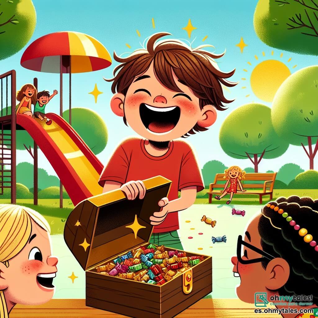 Une illustration sous forme de dessin destinée aux enfants représentant un parc ensoleillé avec des arbres verdoyants et un grand toboggan coloré, où un garçon de 11 ans aux cheveux bruns en bataille et portant un t-shirt rouge est en train de rire aux éclats en découvrant une petite boîte dorée remplie de bonbons, tandis que deux filles, l'une avec des cheveux blonds tressés et une robe à fleurs, et l'autre avec des cheveux noirs et des lunettes, l'observent avec des yeux écarquillés, toutes deux souriant de bonheur, illustrant ainsi l'esprit d'aventure et d'amitié de leur quête de trésor.