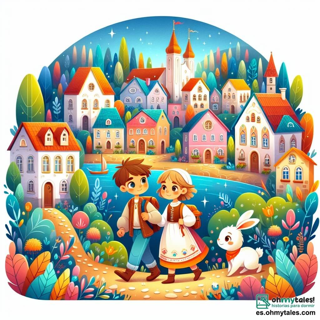 Une illustration destinée aux enfants représentant un jeune garçon curieux et aventurier, accompagné d'un nouveau voisin venu d'un pays lointain, découvrant ensemble un magnifique village aux maisons colorées, entouré d'un bois mystérieux où se cache un adorable petit lapin.