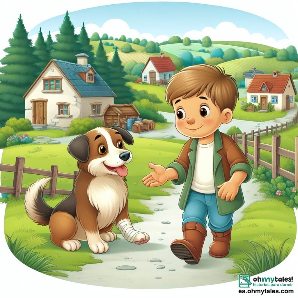 Une illustration destinée aux enfants représentant un jeune garçon curieux et aventureux, accompagné d'un chien abandonné à la patte blessée, dans un petit village pittoresque entouré d'un magnifique paysage campagnard verdoyant, où ils vivront des moments d'amitié inoubliables.