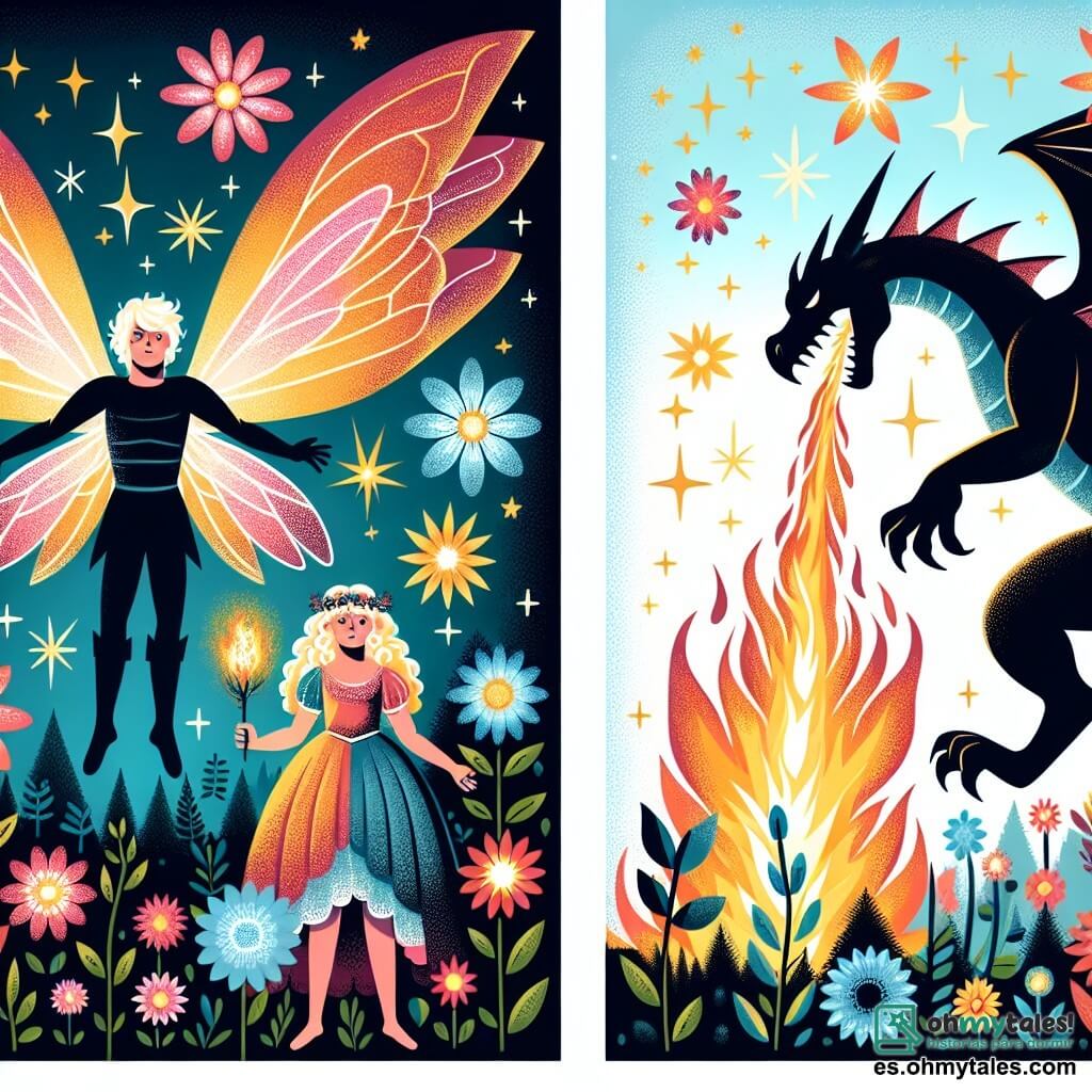 Une illustration destinée aux enfants représentant une fée aux ailes resplandissantes, un dragon maléfique crachant du feu, et un bosque enchanté où les fleurs brillent comme des étoiles.