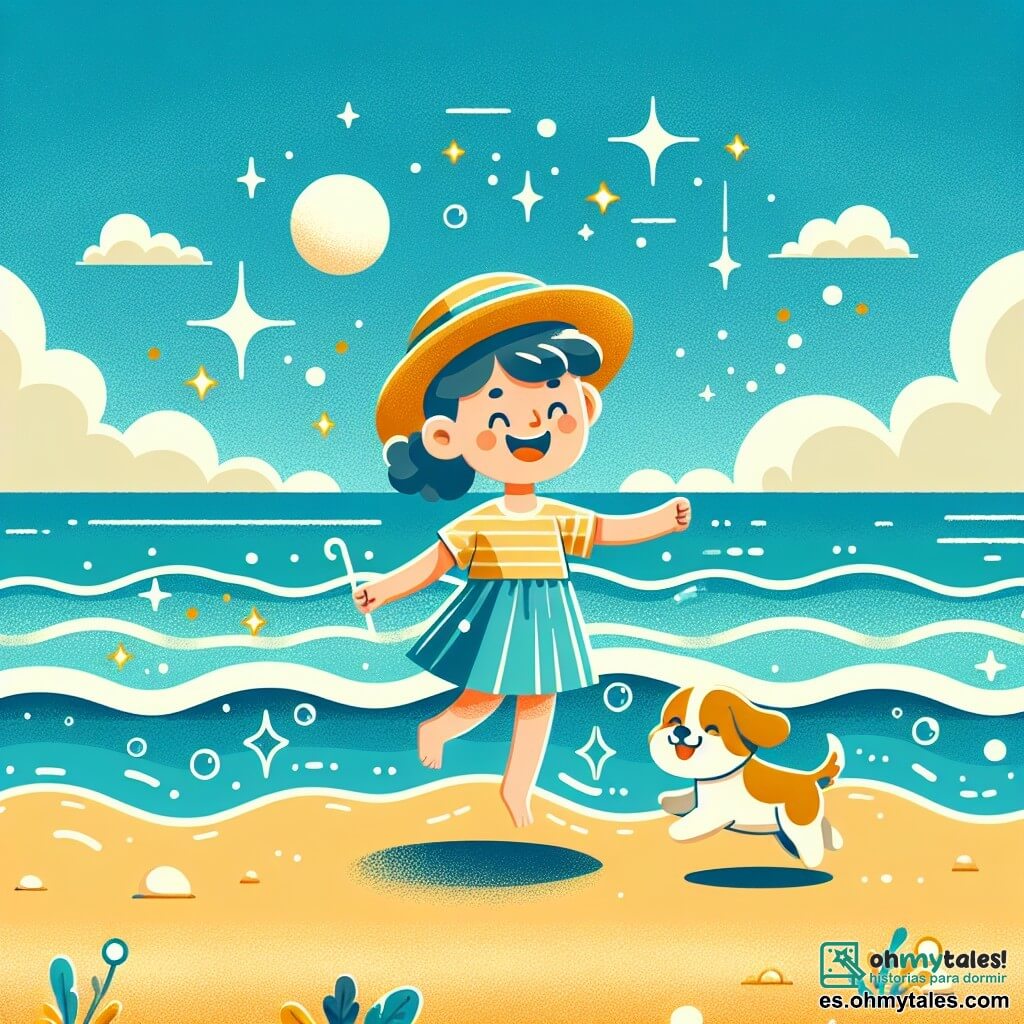 Une illustration destinée aux enfants représentant une jeune fille joyeuse qui passe ses vacances d'été à la plage, accompagnée de son fidèle chien, sur une étendue de sable doré bordée par des vagues pétillantes et un ciel bleu azur.