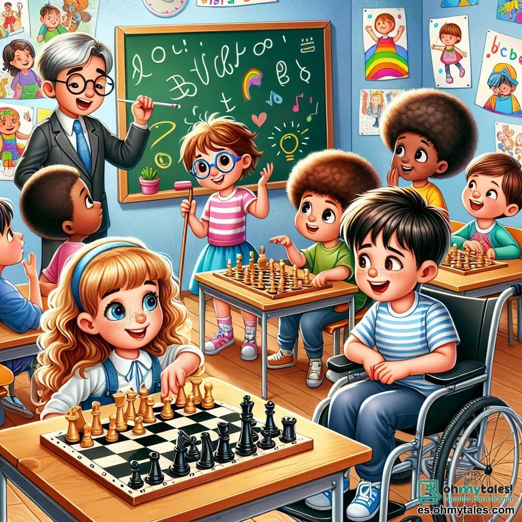 Ilustración que representa un aula luminosa y colorida, con paredes decoradas con dibujos de niños y carteles sobre la inclusión. En el centro, una gran pizarra donde la maestra escribe con tizas de colores. Un niño de 10 años, con cabello castaño desordenado y gafas, está sentado en una mesa, sonriendo y sosteniendo un tablero de ajedrez. A su lado, una niña de 9 años, con cabello rizado y dorado, está en una silla de ruedas, radiante de alegría, mirando el tablero con entusiasmo. Detrás de ellos, un niño de 11 años, con una camiseta a rayas y un bastón blanco, cuenta una historia con gestos expresivos, captando la atención de los otros niños. Una niña de 10 años, con cabello negro, baila alegremente, moviendo los pies al ritmo de una música invisible. La escena irradia una atmósfera de camaradería y alegría, con niños de diferentes capacidades que interactúan, juegan y se ayudan mutuamente, ilustrando la idea de inclusión y diversidad. Libros coloridos y juguetes están esparcidos alrededor, añadiendo a la calidez y acogida del aula.