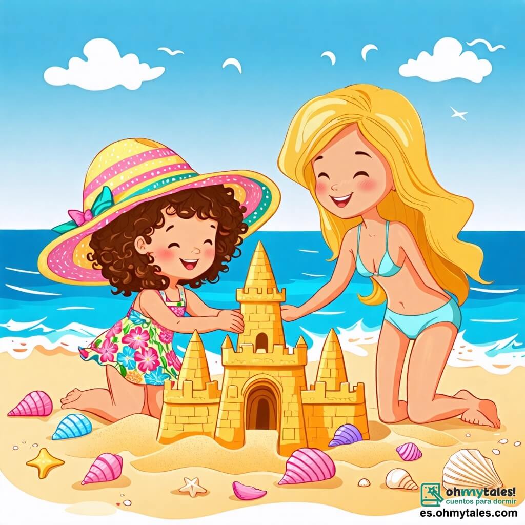 Une illustration sous forme de dessin destinée aux enfants représentant une plage ensoleillée avec des vagues douces, où une petite fille de 2 ans aux cheveux bouclés et bruns, portant un grand chapeau coloré et une robe à fleurs, s'amuse à construire un château de sable, tandis qu'une maman souriante aux cheveux longs et blonds, vêtue d'un maillot de bain, l'aide en ajoutant des tours au château, avec des coquillages étincelants éparpillés autour d'eux et un ciel bleu parsemé de quelques nuages blancs.