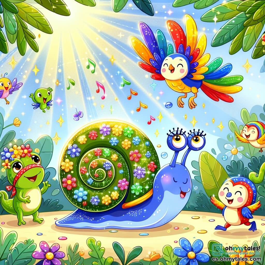 Ilustración que representa una escena alegre en una jungla encantada, donde la luz del sol filtra a través de las hojas verdes y brillantes, creando patrones de luz en el suelo. En el centro, un caracol colorido con un caparazón decorado con pequeñas flores multicolores avanza lentamente, dejando un camino brillante a su paso. A su lado, una pequeña rana verde con ojos brillantes salta alegremente, emitiendo croacidos divertidos, mientras un loro con plumas brillantes de rojo, azul y amarillo vuela en círculos sobre ellos, cantando una melodía pegajosa. La escena irradia un ambiente festivo, con animales de la jungla reunidos alrededor, aplaudiendo y riendo, ansiosos por ver el desfile. Hojas y flores coloridas rodean a los personajes, añadiendo un toque de magia a esta aventura llena de risas y amistad.