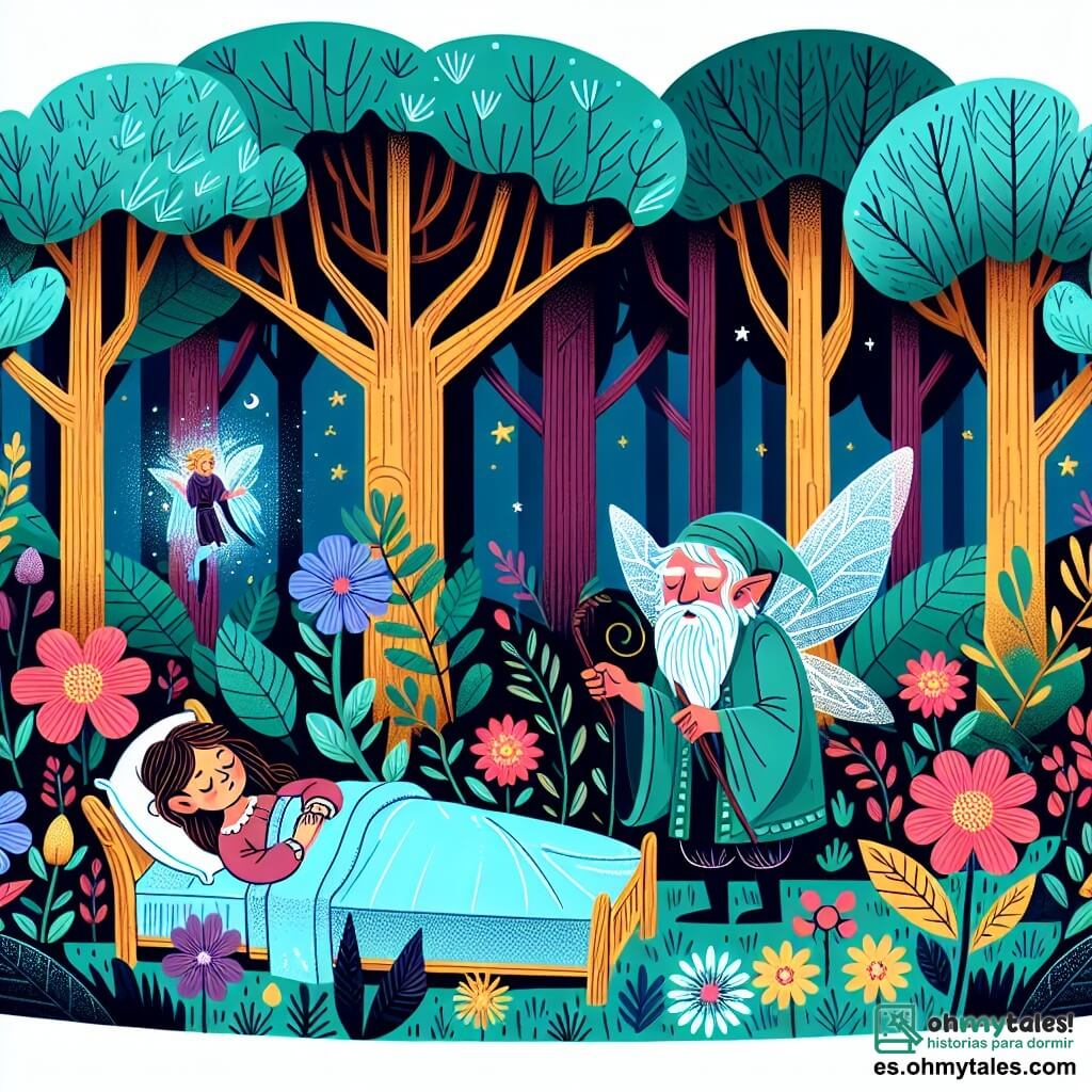 Une illustration destinée aux enfants représentant une jeune fille endormie dans une forêt enchantée, accompagnée d'un sage vieil homme féerique, au cœur d'une clairière aux arbres majestueux et aux fleurs éclatantes, emplie de mystères et de magie.