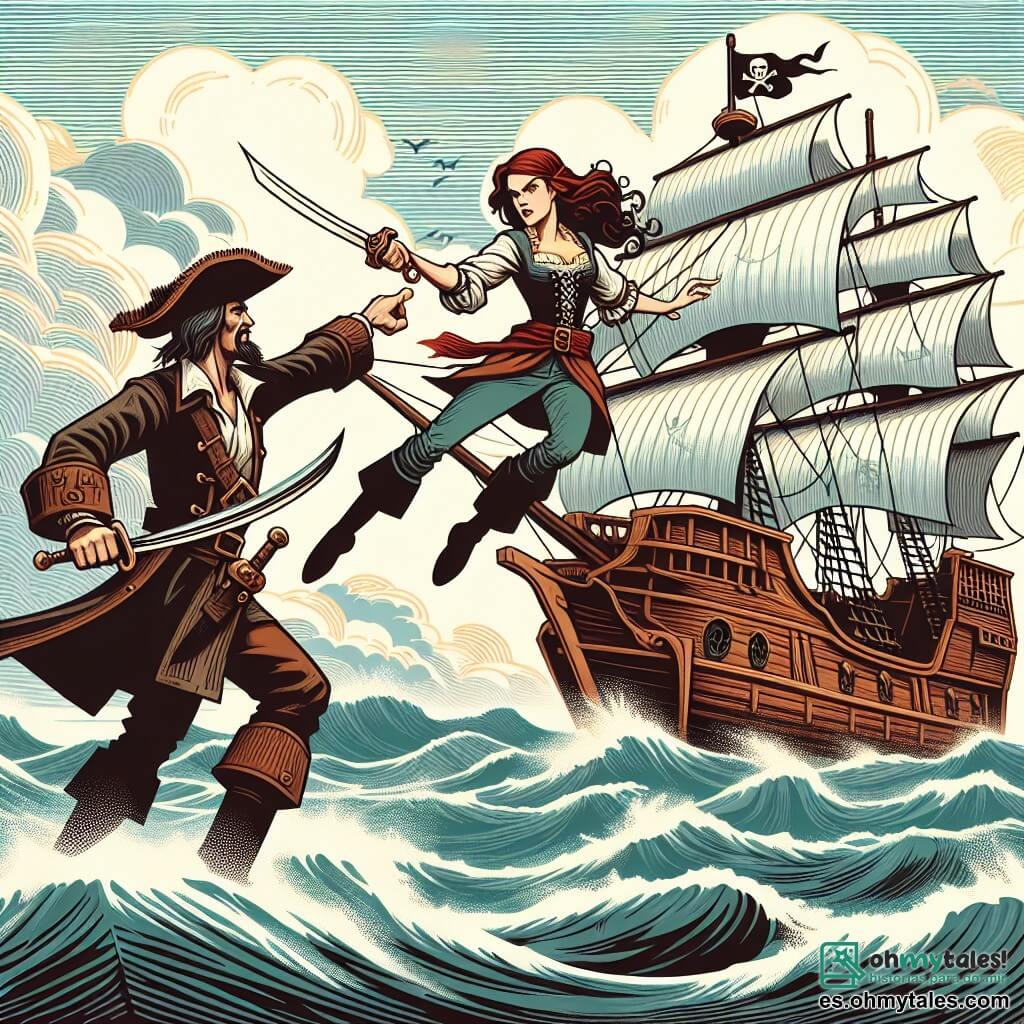 Une illustration destinée aux enfants représentant une courageuse pirate (fille) affrontant un redoutable ennemi (garçon) sur un navire pirate majestueux, voguant sur des mers tumultueuses et mystérieuses.