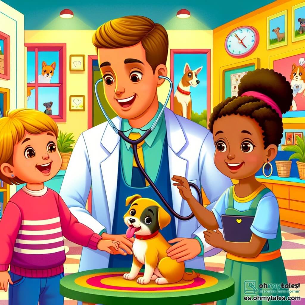 Une illustration destinée aux enfants représentant un jeune vétérinaire passionné par les animaux, aidant un petit chien blessé, accompagné d'une fillette souriante, dans une clinique vétérinaire colorée et chaleureuse de la ville de Villa Mascota.