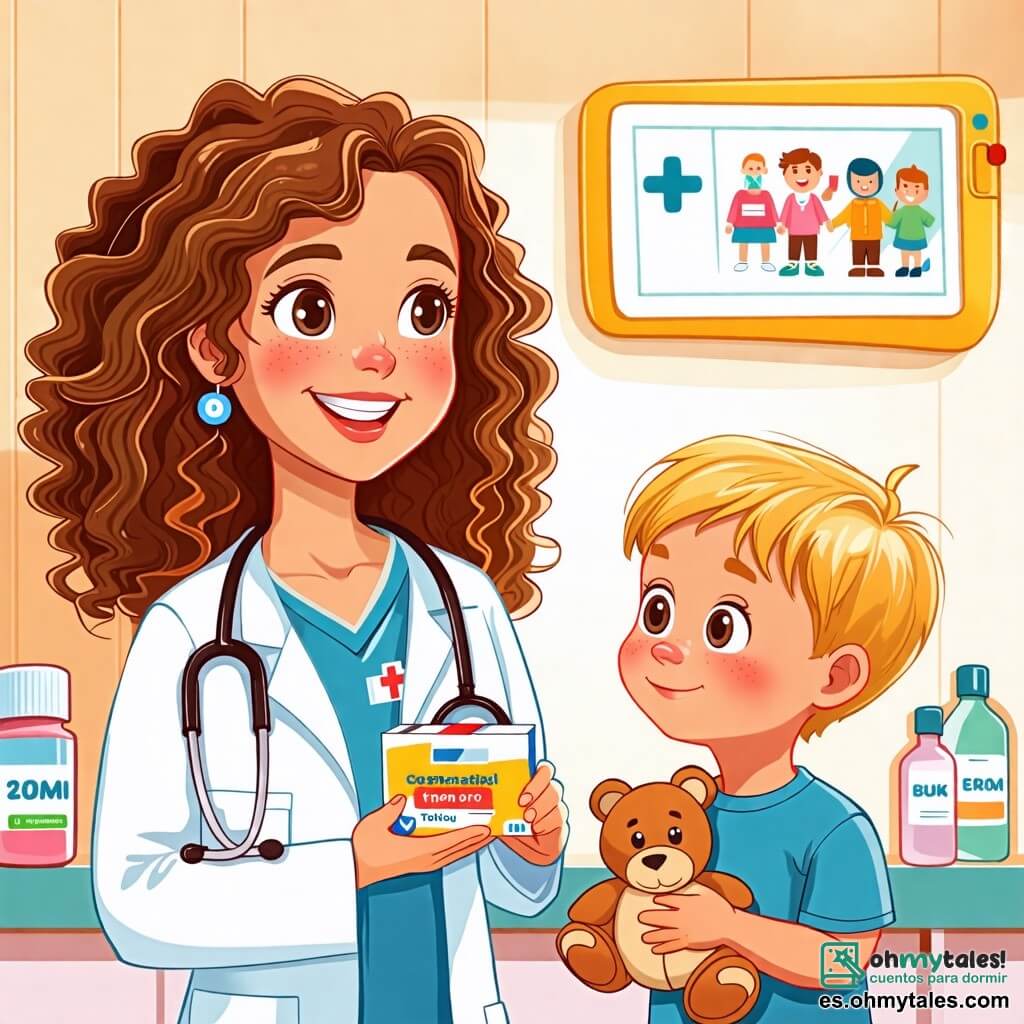 Une illustration sous forme de dessin destinée aux enfants représentant une salle de consultation lumineuse et colorée, où une jeune femme médecin aux cheveux bruns et bouclés, portant une blouse blanche et un stéthoscope autour du cou, sourit chaleureusement en tenant une petite boîte de médicaments, tandis qu'un garçon aux yeux pétillants et aux cheveux blonds, tenant un petit muñeco en peluche, l'observe avec curiosité, illustrant le moment où ils discutent de l'importance de prendre soin des autres et de la médecine.