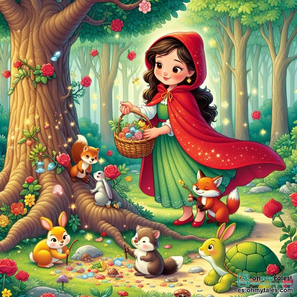 Une illustration sous forme de dessin destinée aux enfants représentant une clairière enchantée au cœur d'une forêt magique, où une jeune fille aux cheveux bruns, portant une cape rouge éclatante et un panier en osier, s'active joyeusement à nettoyer un arbre majestueux, entourée d'un petit groupe d'animaux : un adorable lapin aux grandes oreilles, un rusé renard à la fourrure dorée, et une tortue au carapace verte, tous unis dans un effort collectif pour débarrasser le sol de déchets colorés, tandis que des pétales de fleurs scintillantes tombent doucement des branches de l'arbre, symbolisant la magie de la nature restaurée.