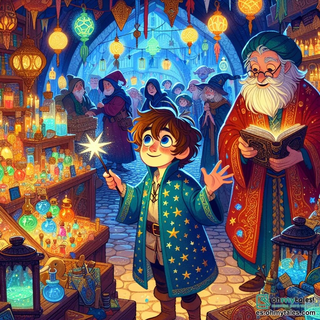 Ilustración que representa un mercado mágico escondido en un rincón secreto de Londres, con coloridos puestos rebosantes de pociones brillantes y libros antiguos. Linternas flotantes iluminan el lugar con una luz cálida, mientras criaturas fantásticas como dragones en miniatura y elfos cobran vida alrededor de los puestos. En el centro de la escena, un niño de 7 años, con cabello castaño desordenado y ojos brillantes de curiosidad, sostiene una varita mágica en su mano. Lleva una túnica azul adornada con motivos estrellados y parece maravillado por todo lo que lo rodea, con los brazos extendidos como si quisiera abrazar la magia del lugar. A su lado, un hombre mayor, de unos 60 años, con una larga barba blanca y gafas redondas, observa atentamente al niño. Está vestido con una túnica de mago roja, salpicada de símbolos místicos, y sostiene un viejo libro abierto, listo para enseñarle los secretos de la magia. La escena principal muestra al niño descubriendo el mercado mágico, rodeado de criaturas fantásticas y objetos encantadores, mientras se prepara para aprender un nuevo hechizo. Destellos de luz y estrellas brillantes flotan a su alrededor, simbolizando la magia que lo envuelve y la emoción de la aventura que comienza.