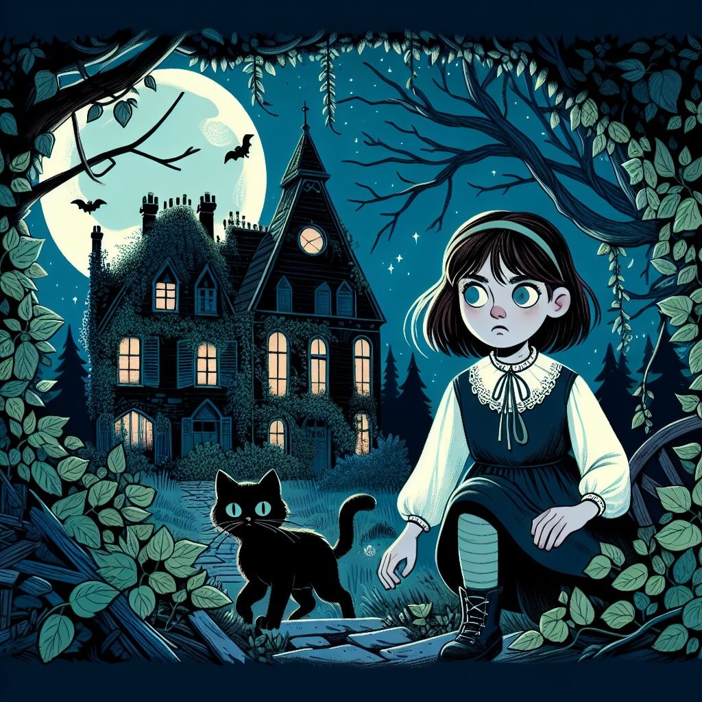Une illustration destinée aux enfants représentant une jeune fille courageuse, perdue dans une forêt sombre et mystérieuse, accompagnée d'un chat noir aux yeux perçants, explorant un manoir hanté, aux murs couverts de lierre et aux fenêtres brisées, laissant entrer la lueur de la lune.