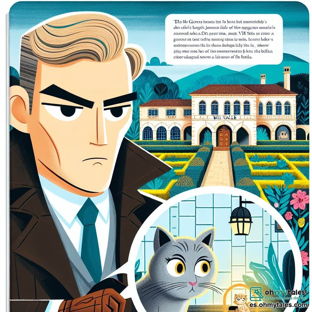 Une illustration destinée aux enfants représentant un homme au regard perçant, résolvant un mystérieux vol de bijou avec l'aide d'une astucieuse gata, dans la somptueuse et imposante mansión Del Valle, entourée de jardines exuberants et de hauts muros de pierre, dans le tranquilo pueblo de Villa Flores.