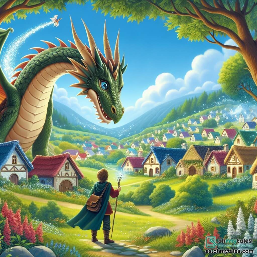 Une illustration destinée aux enfants représentant un dragon majestueux et bienveillant, qui rencontre un jeune aventurier dans un paisible village entouré de collines verdoyantes et parsemé de maisons colorées, déclenchant ainsi une série d'aventures magiques et captivantes.