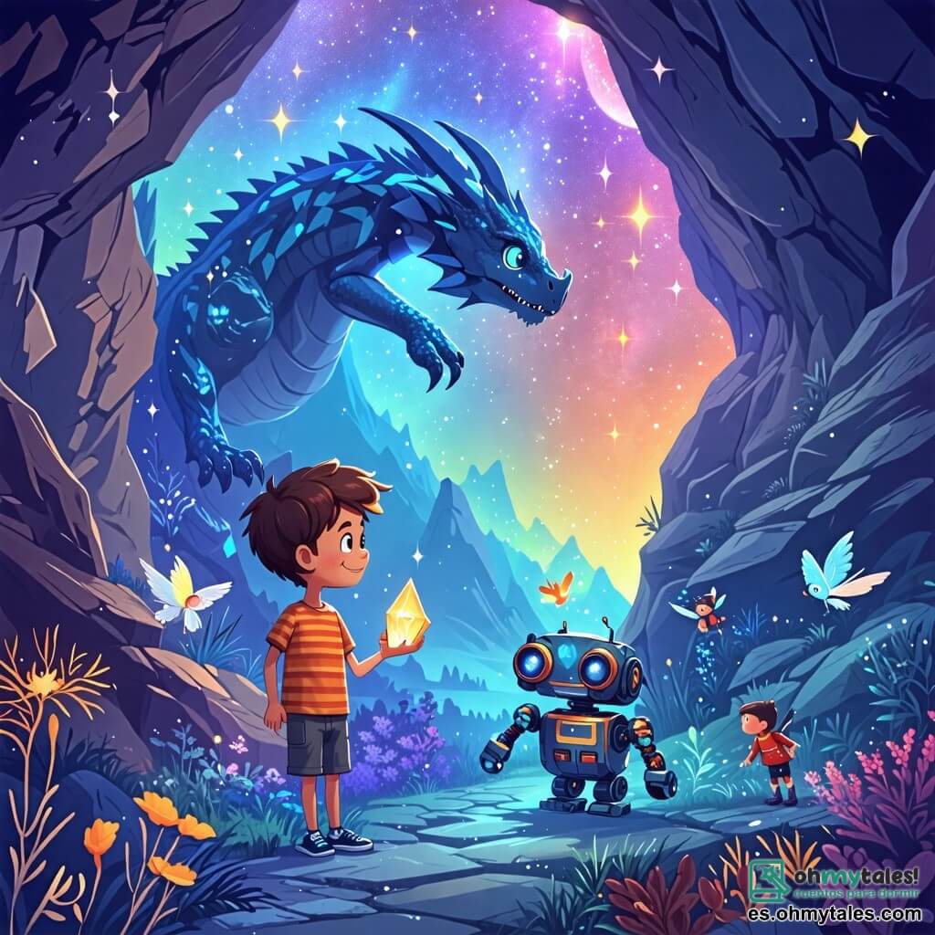 Une illustration sous forme de dessin destinée aux enfants représentant un paysage féerique des Montagnes Brillantes, avec des sommets scintillants aux couleurs vives, où un garçon de 6 ans aux cheveux bruns et aux yeux pétillants, vêtu d'une chemise à rayures et d'un short, se tient courageusement devant une caverne mystérieuse, tenant un cristal lumineux dans sa main, tandis qu'un petit robot aux yeux brillants et un groupe de Pixies aux ailes colorées volent autour de lui, chantant pour distraire un dragon majestueux aux écailles étincelantes qui garde l'entrée de la caverne, illustrant ainsi le moment clé de leur quête pour retrouver le cristal de la bonheur.