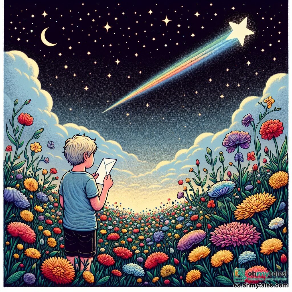 Une illustration destinée aux enfants représentant un jeune garçon, debout dans un champ de fleurs colorées, tenant une lettre dans ses mains, tandis qu'une étoile filante traverse le ciel étoilé, symbolisant la perte d'un être cher et la recherche d'un moyen de rester connecté avec lui.