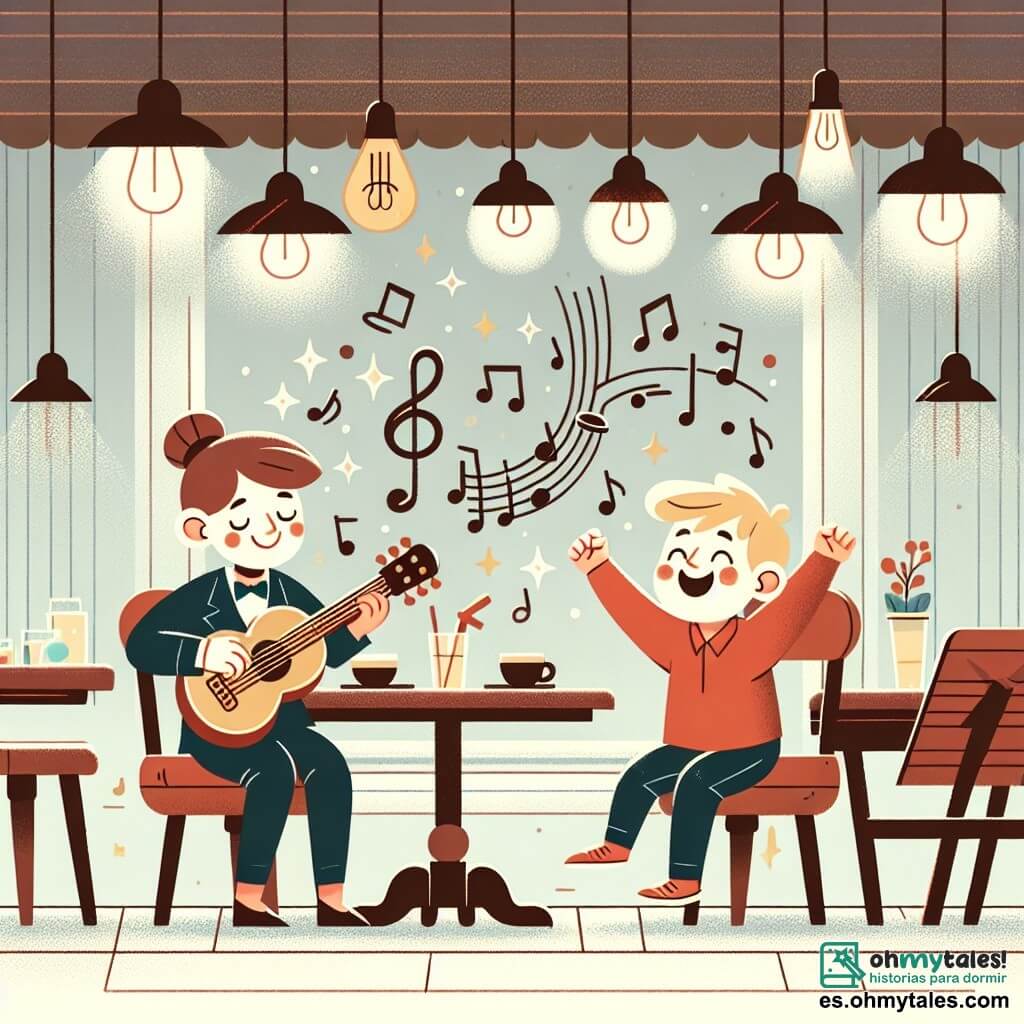 Une illustration destinée aux enfants représentant une jeune femme passionnée de musique, accompagnée d'un garçon enthousiaste, sur un petit café chaleureux avec des tables en bois, des lumières scintillantes et des notes de musique flottant dans l'air.