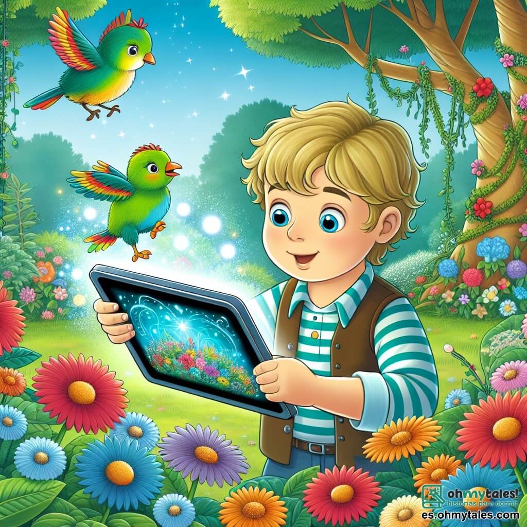 Une illustration destinée aux enfants représentant un jeune garçon captivé par un écran magique, accompagné de son ami, un petit oiseau coloré, dans un jardin enchanté rempli de fleurs multicolores et d'arbres majestueux.