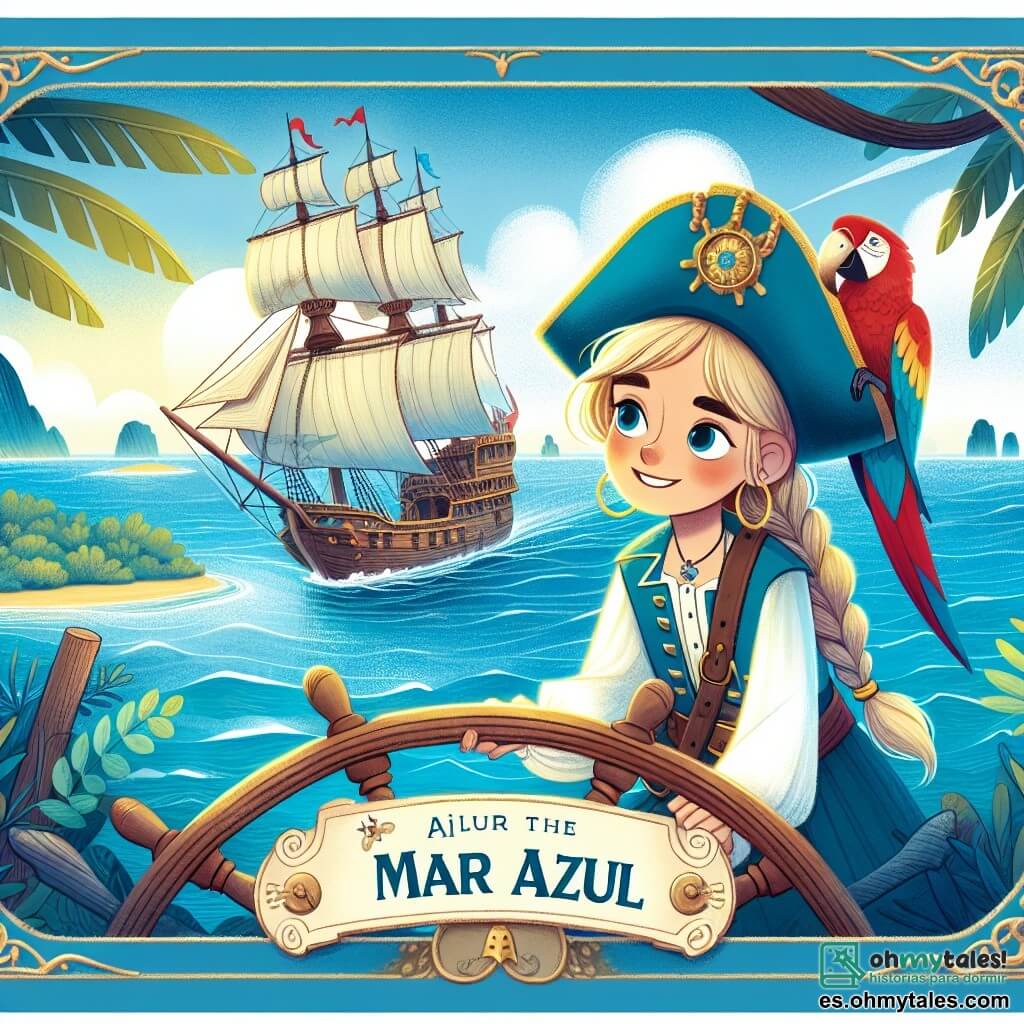 Une illustration destinée aux enfants représentant une jeune capitaine intrépide naviguant sur un navire majestueux, accompagnée de son fidèle perroquet bavard, à travers les eaux scintillantes et les îles mystérieuses du Mar Azul.