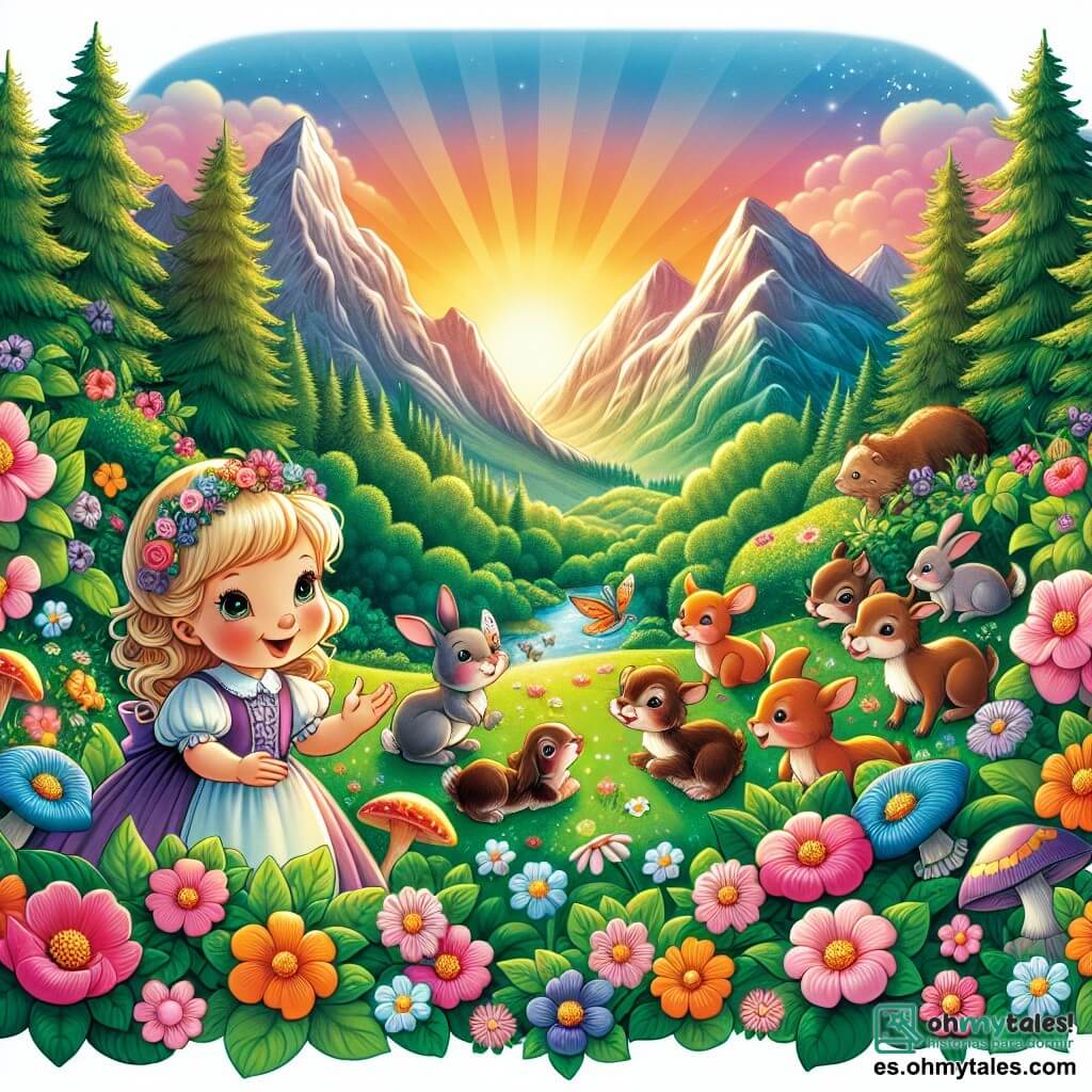 Une illustration destinée aux enfants représentant une petite fille curieuse, entourée de fleurs colorées, découvrant un jardin enchanté peuplé d'animaux joyeux, niché au cœur d'une vallée verdoyante bordée de montagnes majestueuses, éclairée par les rayons chaleureux du soleil printanier.