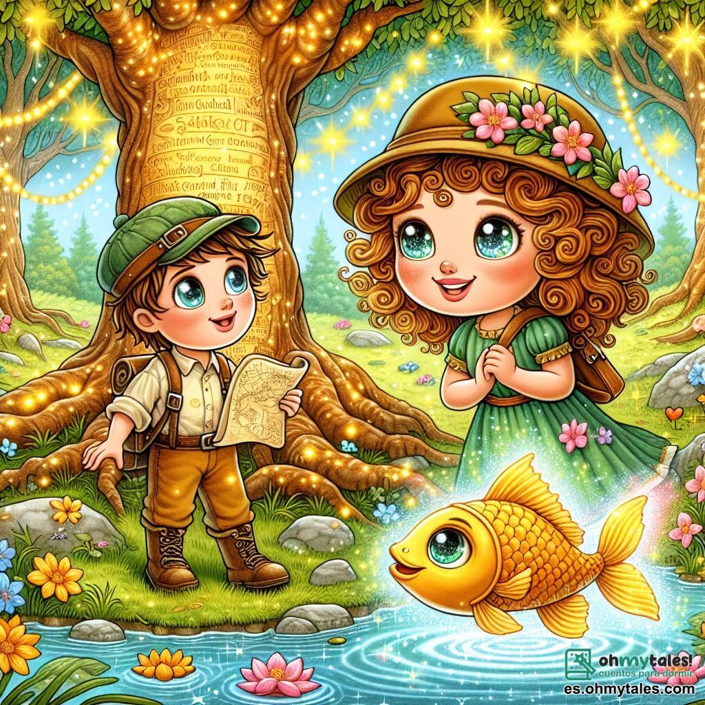 Une illustration sous forme de dessin destinée aux enfants représentant un parc magique avec de grands arbres aux feuilles dorées et des fleurs colorées dansant au vent, où un jeune garçon aux cheveux bruns et à la casquette d'explorateur, tenant une carte dans ses mains, fait face à une fille aux yeux brillants et aux cheveux bouclés qui sourit, tandis qu'un poisson doré émerge de l'eau d'un lac scintillant, tous ensemble découvrant un ancien arbre géant gravé de secrets, symbolisant l'aventure et l'amitié dans un monde enchanteur.