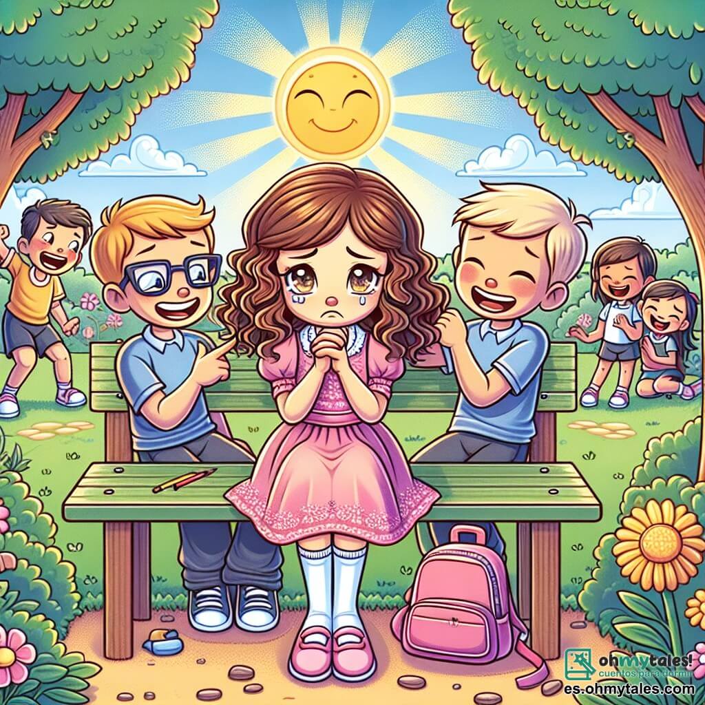 Une illustration sous forme de dessin destinée aux enfants représentant une cour d'école ensoleillée avec des arbres verdoyants et des fleurs colorées, au centre une fille de 7 ans avec des cheveux bruns et bouclés, portant une jolie robe rose et une mochila rose, assise sur un banc, les yeux brillants de tristesse, tandis qu'un groupe de garçons, dont un avec des cheveux blonds et un autre avec des lunettes, se moquent d'elle en riant, illustrant ainsi la situation délicate du harcèlement scolaire, avec des camarades qui jouent joyeusement en arrière-plan, symbolisant l'importance de l'amitié et du soutien.