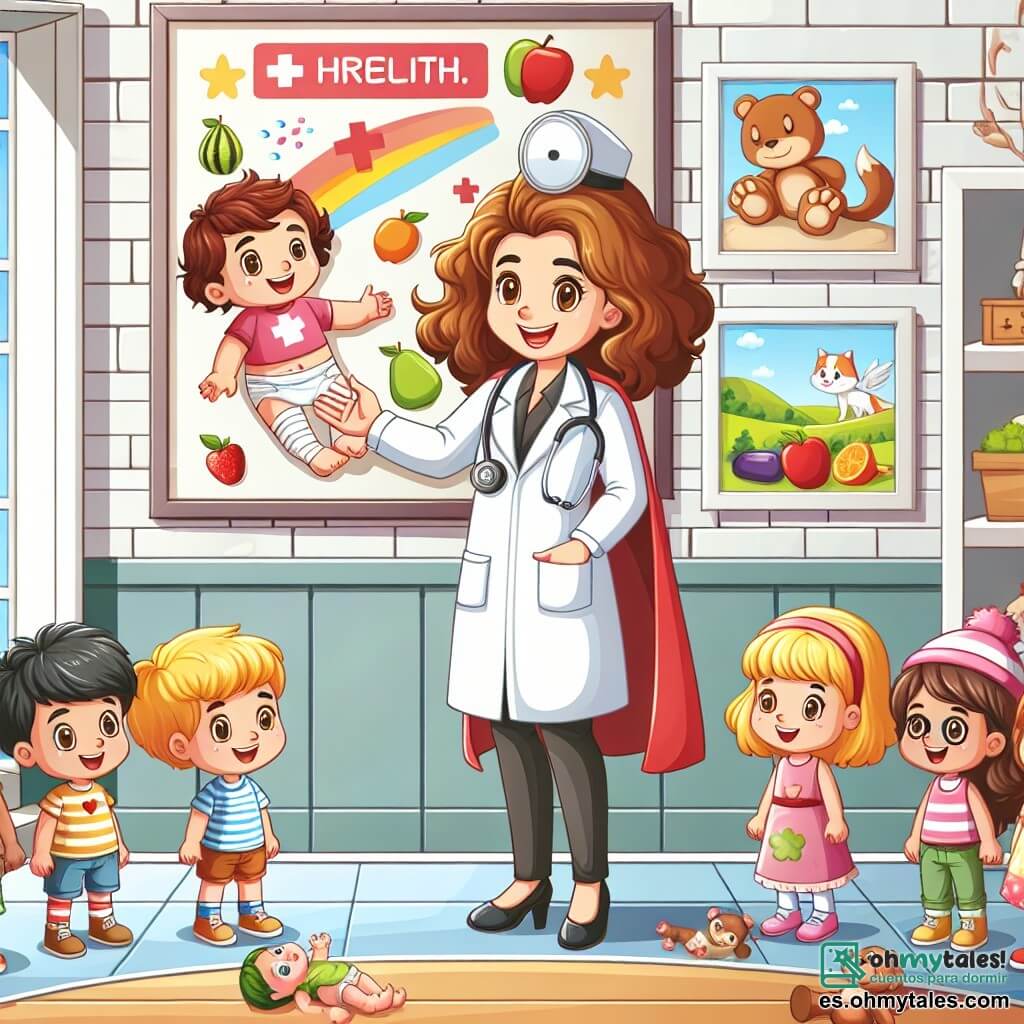 Une illustration sous forme de dessin destinée aux enfants représentant un cabinet médical coloré et accueillant, avec des murs ornés de dessins d'animaux et de médecins, où une femme médecin souriante aux cheveux bruns et bouclés, portant une blouse blanche et une cape de superhéroïne, montre à un groupe de trois enfants (deux filles aux cheveux blonds et un garçon aux cheveux bruns) comment soigner une petite poupée blessée, tandis qu'une grande affiche sur le mur explique les bienfaits des fruits pour la santé, créant une atmosphère joyeuse et éducative.
