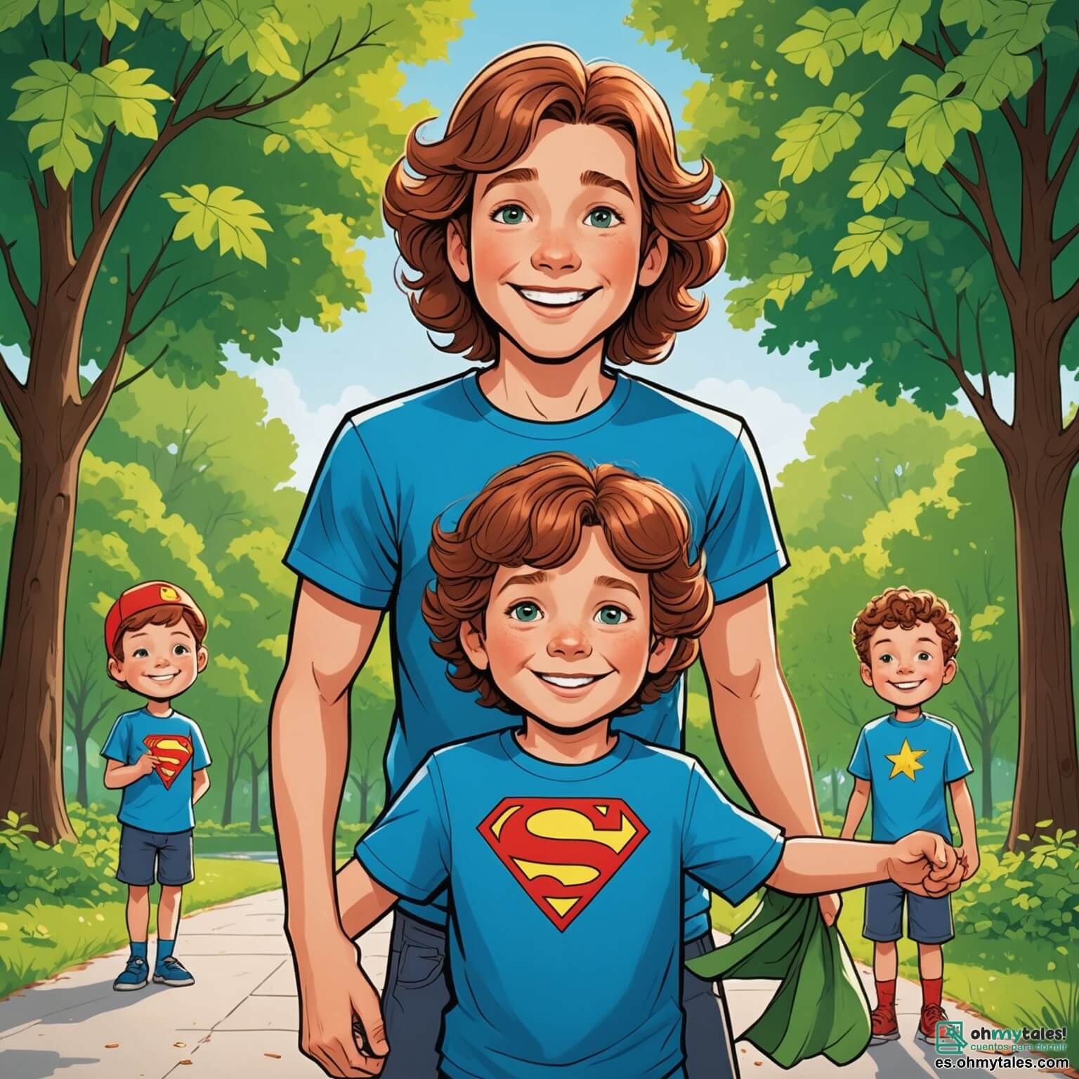 Une illustration destinée aux enfants représentant un petit garçon aux cheveux châtains et aux yeux pétillants d'enthousiasme, vêtu d'un t-shirt bleu orné d'un dessin de super-héros, qui, avec sa maman, une femme souriante aux cheveux longs et bouclés, et son papa, un homme jovial portant une casquette, se trouve dans un parc vibrant de couleurs où les arbres majestueux aux feuilles vertes dansent sous la brise légère, les fleurs éclatantes de rouge, jaune et violet s'épanouissent sous le soleil radieux, et les oiseaux chantent joyeusement, alors qu'ils s'apprêtent à ramasser des déchets pour préserver la beauté de cet endroit magique, tout en croisant le chemin de sa meilleure amie, une petite fille aux couettes blondes et aux rires contagieux, qui se joint à leur mission de super-héros de l'écologie.