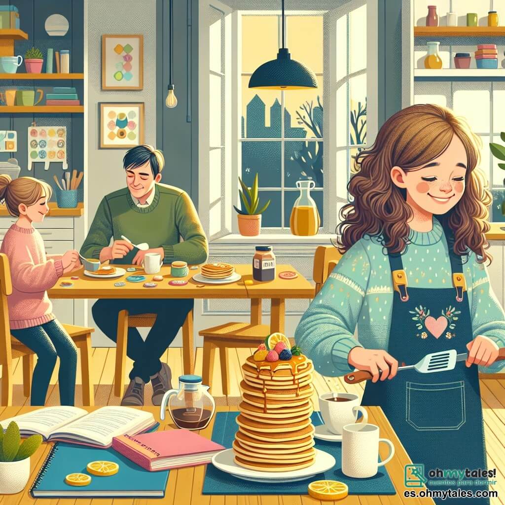 Ilustración que representa una cálida cocina familiar, con paredes pintadas de amarillo pastel y ventanas que dejan entrar la luz del sol. En el centro, una mesa de madera maciza está cubierta de libros de ciencias, cuadernos coloridos y deliciosos platos de panqueques apilados, adornados con jarabe de arce y frutas frescas. Una niña de 10 años, con cabello rizado y castaño, lleva un suéter azul y sonríe alegremente mientras sostiene una espátula, lista para servir los panqueques. A su lado, una mujer de unos treinta años, con cabello largo y liso, lleva un delantal colorido y mira a su hija con ternura, mientras vierte café en una taza. Un hombre de unos treinta años, con una barba ligera y una mirada pensativa, está sentado a la mesa hojeando un libro de ciencias, aunque parece distraído en sus pensamientos. La escena captura un momento de complicidad familiar, donde la niña intenta crear una atmósfera alegre a pesar de las tensiones subyacentes entre sus padres. Los rayos de sol iluminan la habitación, mientras una ligera lluvia cae afuera, añadiendo un toque de dulzura al ambiente. Juguetes esparcidos por el suelo y dibujos de niños colgados en el frigorífico dan testimonio de una vida familiar llena de recuerdos.