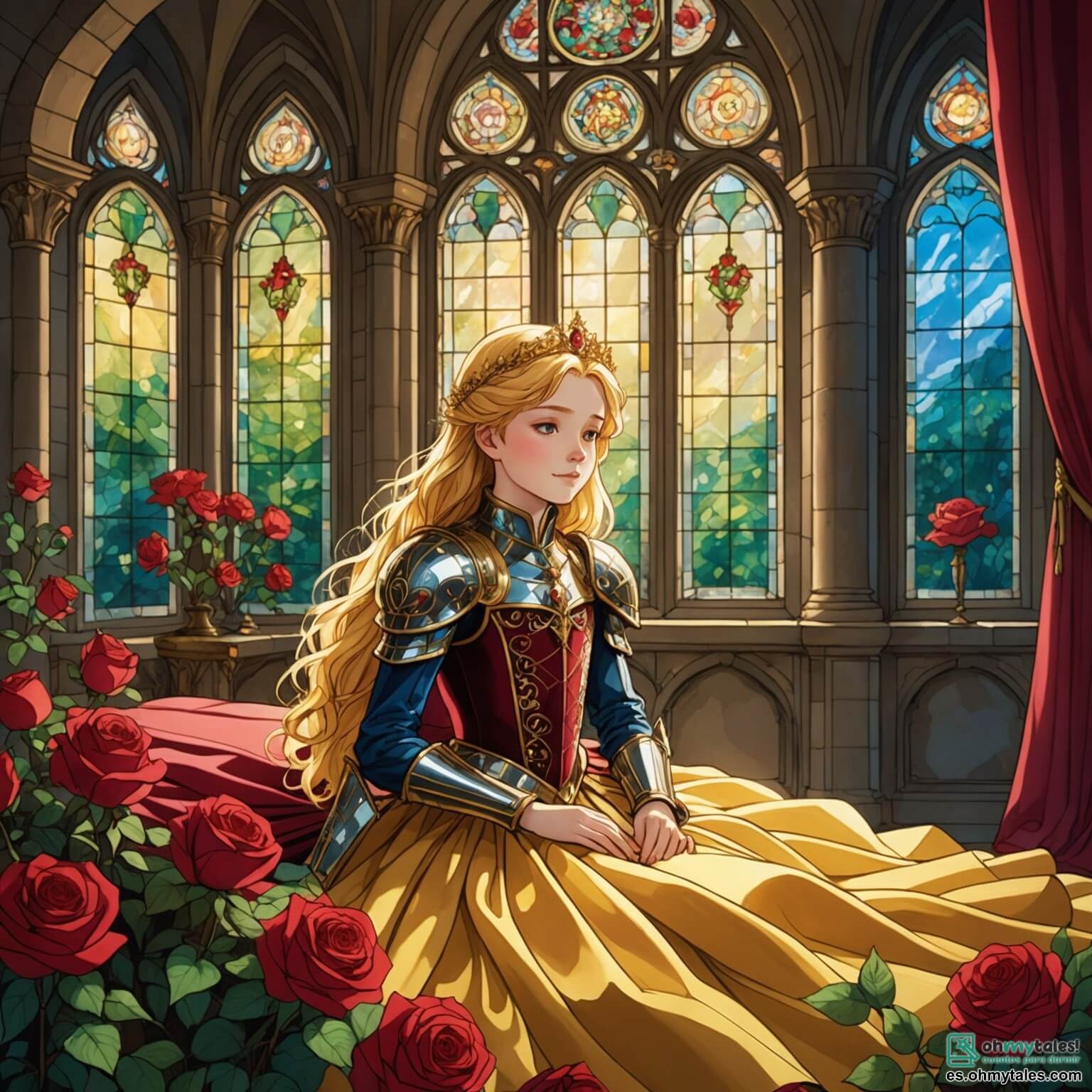 Une illustration destinée aux enfants représentant une jeune fille à la chevelure dorée comme les rayons du soleil, endormie paisiblement dans une chambre de château ornée de délicates tentures en velours rouge et de lustres scintillants, entourée de roses épanouies aux pétales satinés et d'une lumière douce filtrant à travers des vitraux colorés, tandis qu'un prince courageux, vêtu d'une armure étincelante, se fraie un chemin à travers une forêt enchantée peuplée d'arbres majestueux aux feuilles chatoyantes et de créatures féeriques, pour briser le sort qui la maintient endormie, tandis qu'une méchante sorcière, silhouette sombre et menaçante, se cache dans l'ombre, observant avec un sourire malicieux, prête à tout pour préserver son pouvoir.