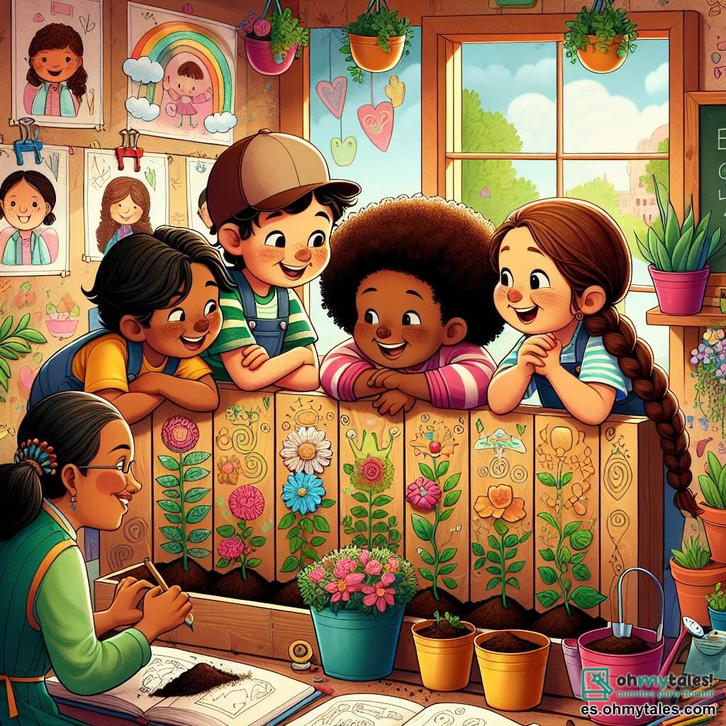 Une illustration sous forme de dessin destinée aux enfants représentant une salle de classe colorée avec des murs décorés de dessins d'enfants, où un groupe de trois enfants de 9 ans, deux garçons aux cheveux bruns et bouclés, l'un portant une casquette de baseball, et une fille aux cheveux longs et tressés, se penche avec enthousiasme sur un jardin vertical qu'ils ont créé ensemble, entourés de pots de fleurs et de terreau, tandis qu'un enseignant souriant les observe avec fierté, le tout baigné dans une lumière douce et chaleureuse qui évoque la créativité et l'amitié.