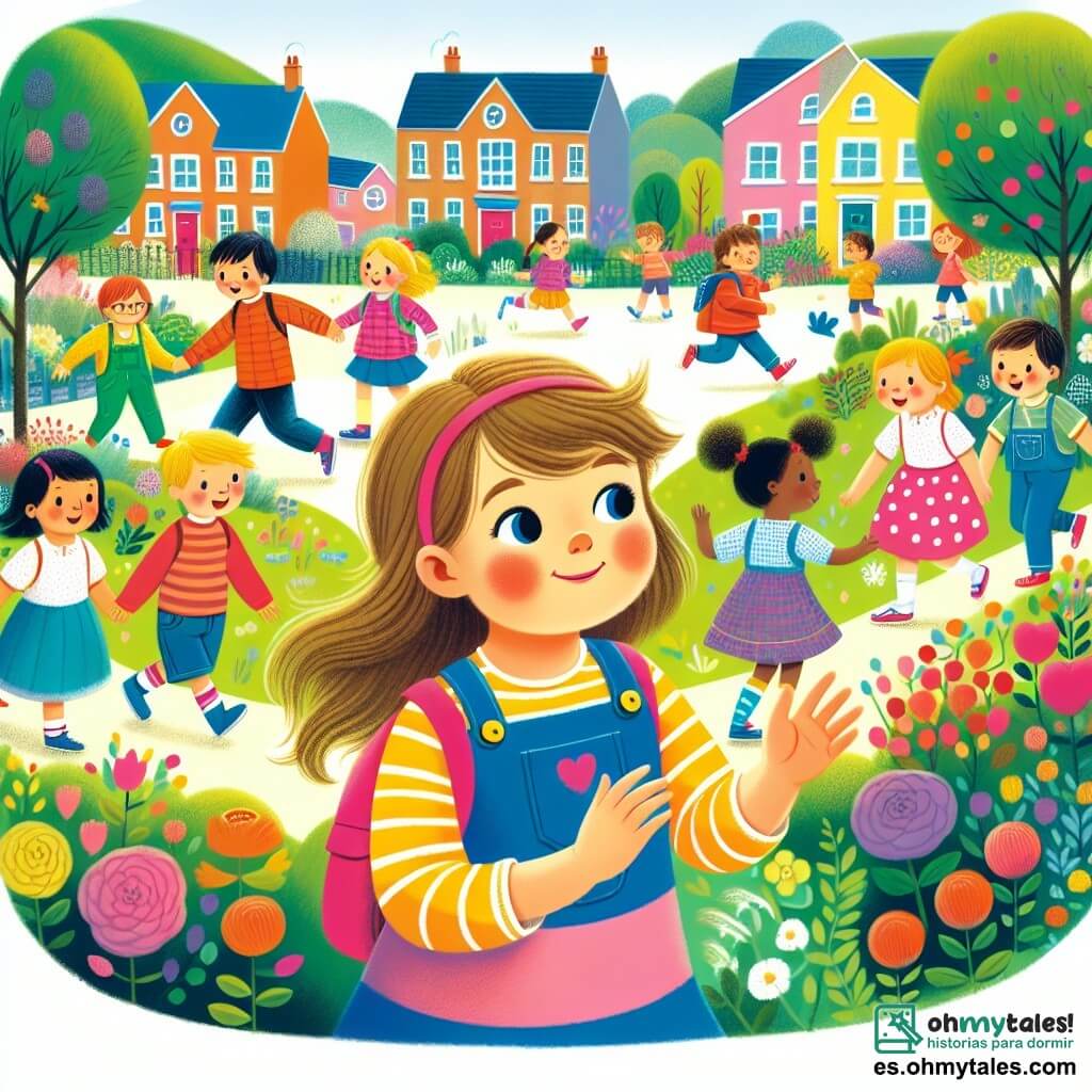 Une illustration destinée aux enfants représentant une jeune fille pleine de curiosité et d'énergie, qui découvre un nouveau voisinage coloré et animé, où elle se lie d'amitié avec un groupe diversifié d'enfants, entourés de maisons aux jardins fleuris et d'un parc verdoyant.