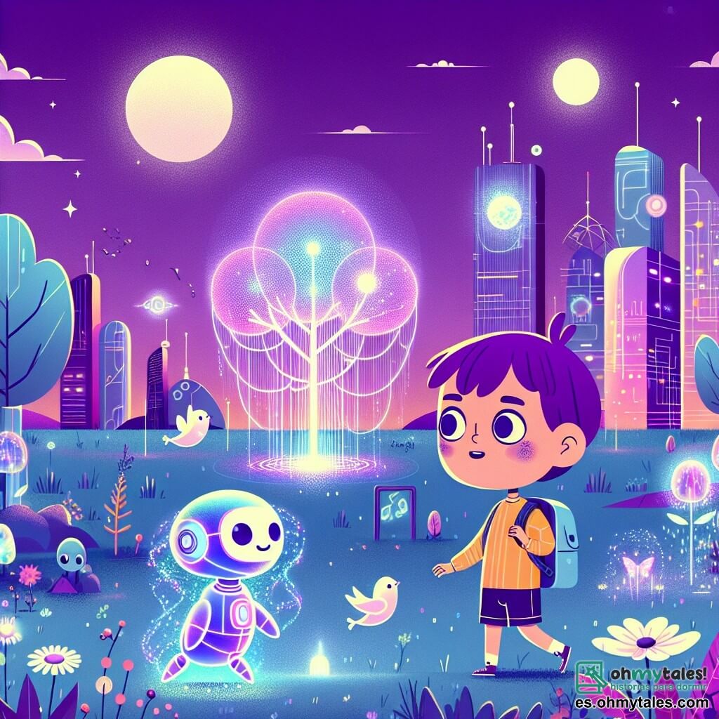 Une illustration destinée aux enfants représentant un garçon curieux dans une ville futuriste, accompagné d'une créature holographique, explorant le Parque de los Hologramas, un lieu magique rempli d'arbres chantants et de fleurs dansant sous un ciel violet illuminé par trois lunes scintillantes.
